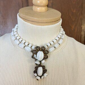 Vintage Miriam Haskell Milk Glass Necklace 15” Length